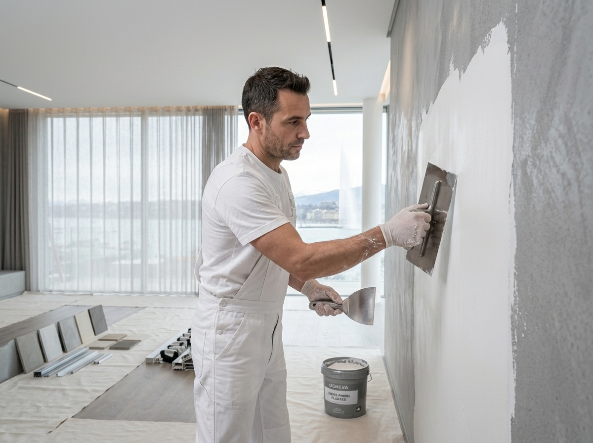Artisan plâtrier de l'entreprise Botte Peinture effectuant le ratissage et le lissage d'un mur intérieur.