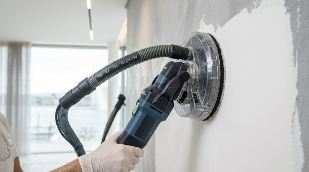 Ponçage de murs sans poussière à Genève avec matériel professionnel pour une finition de peinture parfaite.