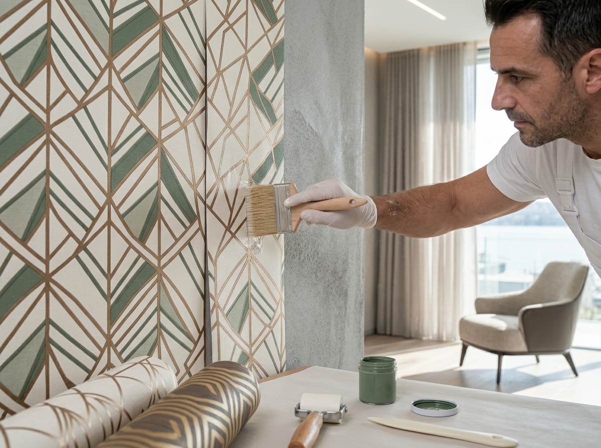 Artisan peintre spécialisé de l'entreprise Botte Peinture posant une tapisserie de luxe.