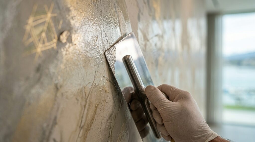 Finition de peinture décorative et effet de texture murale réalisé par un expert.